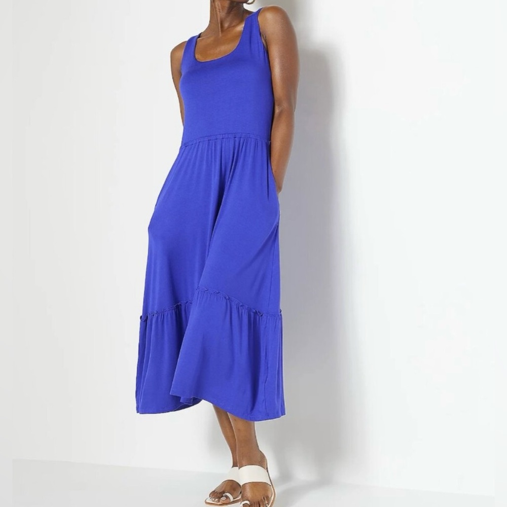 J. Jason Wu Royal Blue Knit Midi Dress Large Tiered Shirred Hem Sleeveless